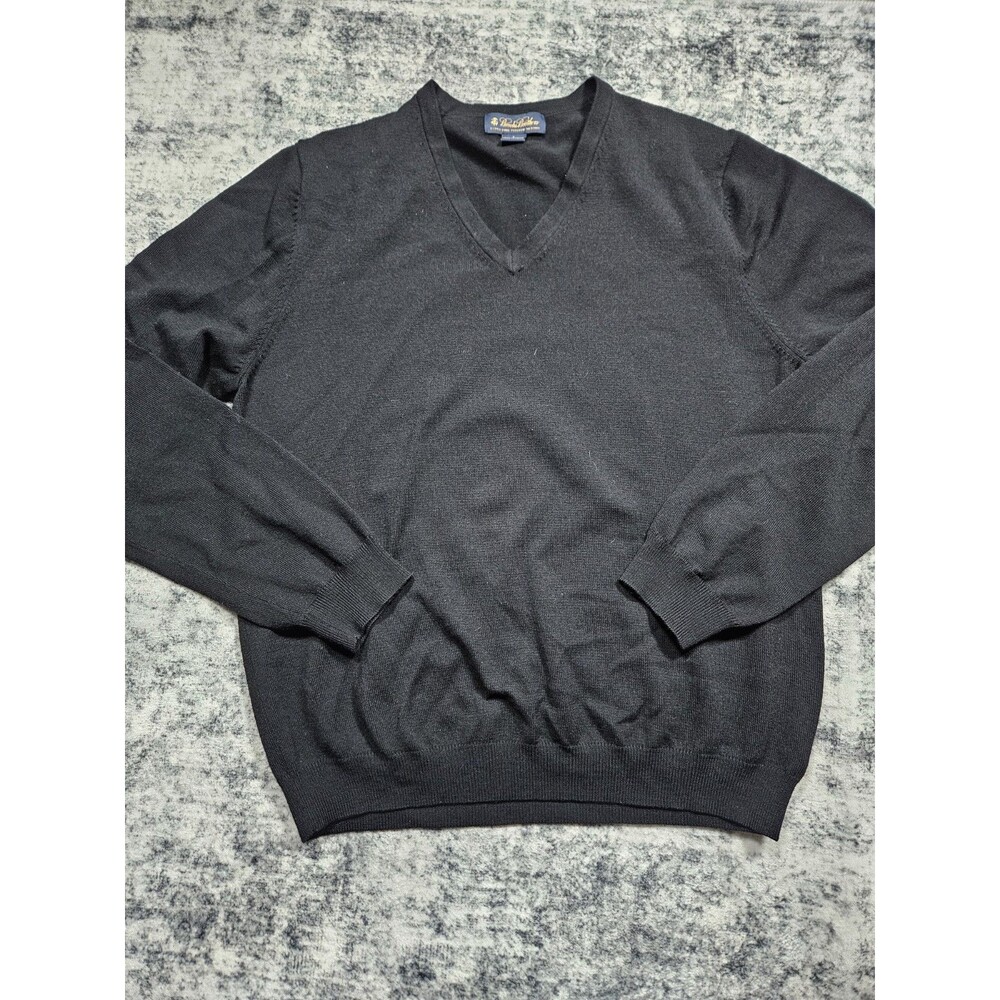 Brooks Brothers Sweater Mens Large Black Extra Fine Merino Wool V Neck Pullover